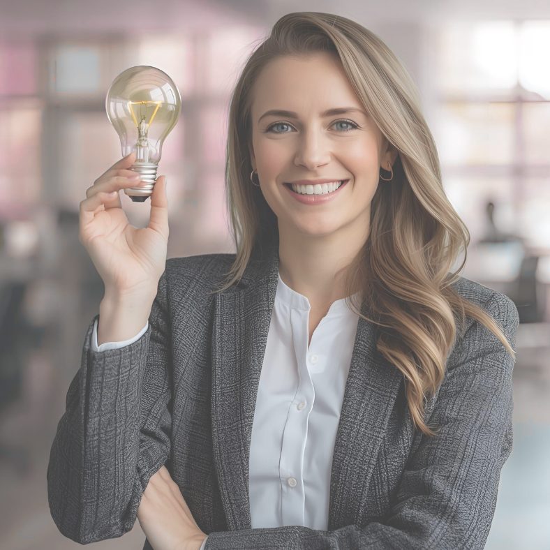 Woman in a suit holding up a glowing lightbulb
